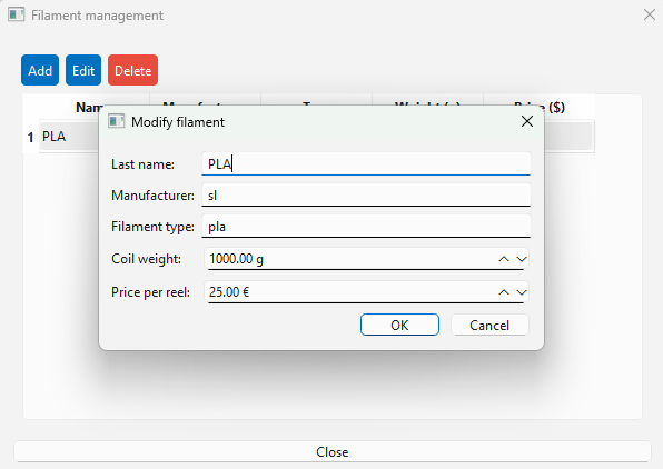 Print parameters input screen