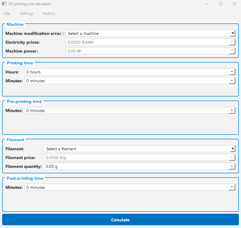 3D Printing Cost Calculator application interface