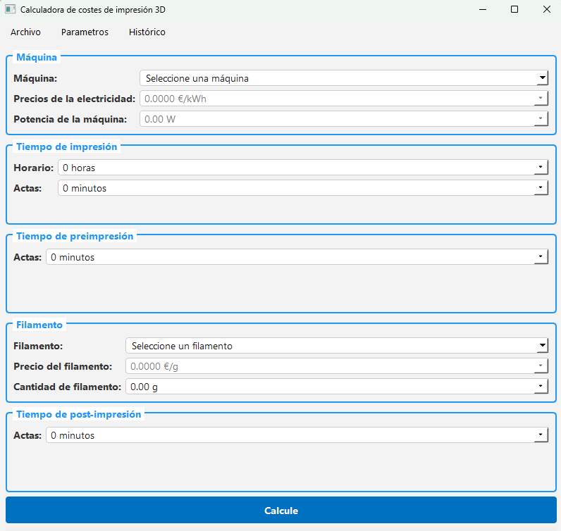 Interfaz de la aplicación Calculadora de Costo de Impresión 3D