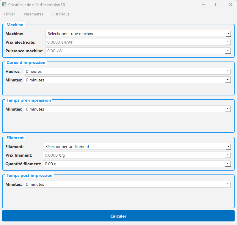 Interface de l'application Calculateur de Coût d'Impression 3D